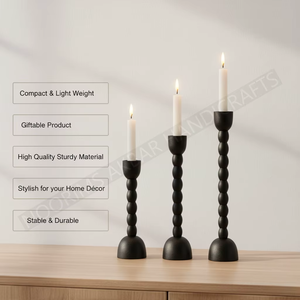 Porte-bougie pilier perlé en aluminium noir mat texturé avec tige sphérique, style moderne rustique, centre de table pour cheminée, décoration artistique - Product Image 3