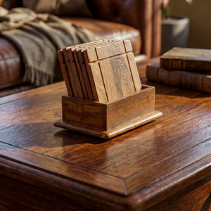 Teak Wood <b>Coaster</b> <b>Set</b> <b>with</b> <b>Holder</b> Rustic Square Drink <b>Coasters</b> for Coffee Cups Mugs Glasses Dining Table Kitchen and Home Decor - Product Image 2