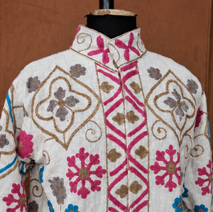 Hand embroidered cotton jacket pink diamond <b>trellis</b> snowflake floral medallion standing collar boho suzani wholesale exports B2B - Product Image 3