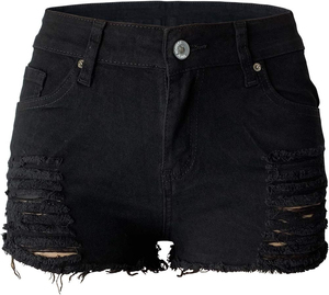 High Waist <b>Black</b> Denim <b>Shorts</b> With Ripped Distressed Hem And Cut Out Details Casual Summer Style - Product Image 4