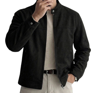 Mens Winter Solid Fleece Lined <b>Suede</b> Style Jacket Stand Collar Full Zip Front Long Sleeve Snap Cuff Side Pocket Casual Regular - Product Image 1