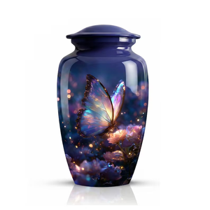 10 Inch Aluminum Cremation Urn Adult <b>Ashes</b> Memorial Vessel Butterfly Floral Custom Color Funeral <b>Keepsake</b> - Product Image 1