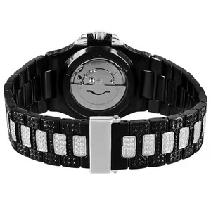 Montre à cadran noir avec diamants en moissanite, fermoir dissimulé, bracelet en acier inoxydable, affichage analogique de la date - Product Image 3