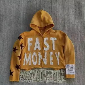 Sweat-shirt à capuche zippé en polaire imperméable et coupe-vent pour homme, style streetwear hiver, avec lettres appliquées, Fast Money Black - Product Image 3