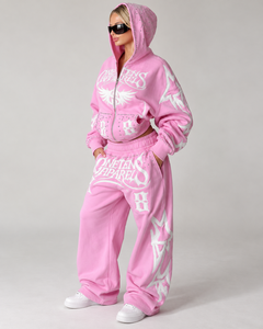 ONETEN APPAREL <b>Women's</b> <b>Pink</b> Hooded <b>Tracksuit</b> Set Full Zipper Rhinestone Logo Streetwear Sweatshirt Pants Regular Winter Printed - Product Image 3
