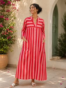 Robe midi en coton bohème écologique Kyra à imprimé rayé fait main pour femme avec fermeture à cordon, silhouette évasée - Product Image 1