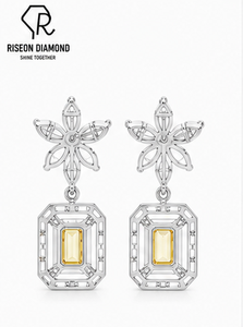 Pendientes de Lujo con Diamantes Amarillos de Corte Esmeralda y Halo, Diseño Floral Marquise, Oro 18K, Joyería Fina para Novia, Regalo de Boda - Product Image 3
