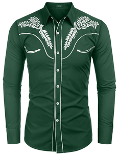 Camisa Occidental Bordada Verde para Hombre, Manga Larga, Cuello Camisero, Informal, de Popelina de Algodón, Antiarrugas, Corte Ajustado - Product Image 3