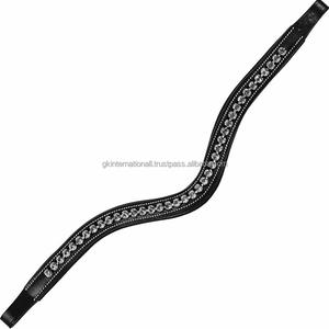 Premium White <b>Stitching</b> and comfortable soft padding Black English Leather horse brow band with diamond <b>crystals</b> bling chain - Product Image 1