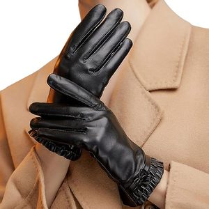 Gants en cuir pour femmes avec écran tactile, mitaines noires, doublure en cachemire douce et chaude, gants d'hiver - Product Image 1