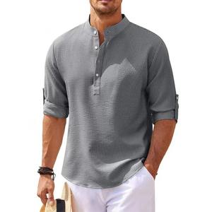Chemise décontractée pour homme, vert clair, col montant, manches courtes, coupe classique, 100 % coton tissé, respirante, couleur unie - Product Image 3