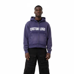 เสื้อฮู้ดดี้สตรีทแวร์แบบสั่งทำพิเศษ ประดับอัญมณี ผ้าหนาน้ำหนัก 400 กรัม ทรงโอเวอร์ไซส์ ผ้าเฟรนช์เทอร์รี่ ล้างแบบวินเทจ สำหรับผู้ชาย แบบครอป ซิปหน้า - Product Image 1