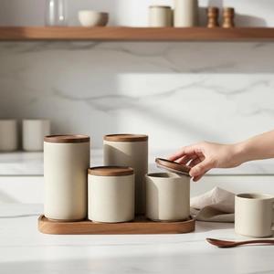 Juego de Recipientes de Almacenamiento para Cocina Moderna con Soporte de Madera, Diseño de Tapa Hermética, Organizador de Encimera que Ahorra Espacio, Solución Elegante para Despensa - Product Image 2