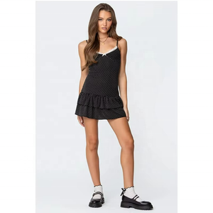 Robe Camisole Vintage à Pois et Dentelle, Longueur au-dessus du Genou, Taille Naturelle, Respirante, Lavable, Impression Numérique, Style Estival - Product Image 3