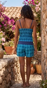 Vintage 100% Cotton Spaghetti Strap Geometric Print Woven Casual Summer Elastic Waist Regular Fit Breathable Women's <b>Jumpsuit</b> - Product Image 6