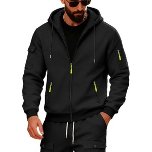 <span class=keywords><strong>Sweat</strong></span>-shirt à capuche zippé noir pour homme avec fermetures éclair et poches vert néon, style décontracté, coupe classique, 100 % polaire, idéal pour l'automne - Product Image 2