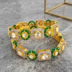 925 Silver Monzo Bangles Green <b>Stone</b> Crystal Designer Kada Set for Crystal Pear <b>Cut</b> Stones Women Wedding Jewelry - Product Image 5