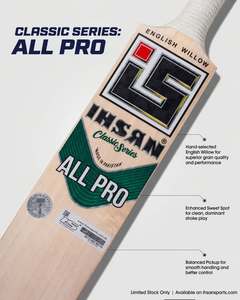 Bate de Críquet Ihsan Sports Serie Clásica Edición All Pro, Ligero, 40 mm de Grosor, Madera de Sauce Inglés, con Funda y Agarre Adicional - Product Image 1