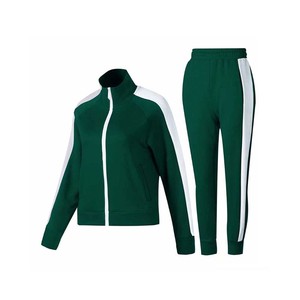 Ensemble de survêtement sportif vert 2 pièces pour femme, en polaire à capuche, manches courtes et longues, en polyester tricoté, avec bande latérale, coupe classique, toutes saisons - Product Image 1