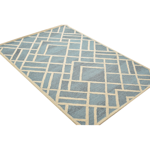 Tapis en laine tufté à la main à motifs géométriques modernes, style contemporain abstrait à lignes et blocs bleus et crème - Product Image 3