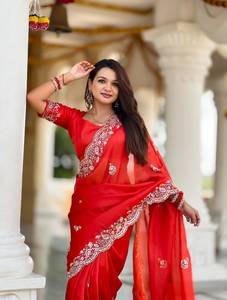 Indian Boutique <b>Red</b> Premium Exclusive Soft Tissue Embossed Saree Traditional Indian Bridal Wear Wedding Prom Party Wear Women - Product Image 2