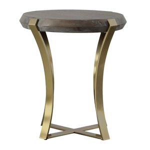 Mid-Century Geometric Accent <b>Table</b> – Distressed Brown Timber <b>Round</b> Top with Brushed Brass Curved Cross-Base Frame - Product Image 3