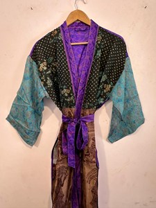 Robe Kimono en Soie Pure Patchwork Style Hippie Imprimé Floral Maxi Demoiselle d'honneur Confortable Douce et Respirante pour Femme Été Printemps - Product Image 4