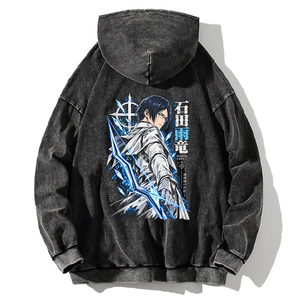 Sweat-shirt à capuche pour homme, coupe classique, gris foncé, effet délavé, avec poche avant, style streetwear, 100% coton jersey, hiver - Product Image 5