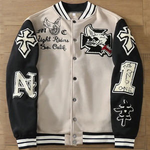 Letter & Cross Embroidery Towel Embroidery Badge Fashionable Fall Winter <b>Long</b> Sleeve Loose Fit No Lining College Baseball <b>Jacket</b> - Product Image 1