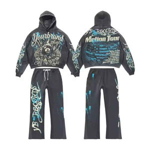 Conjuntos de Sudadera con Capucha y Pantalones Deportivos Personalizados Estilo Vintage Streetwear con Bordado y Empalmes, Chándal con Pedrería y Lavado Ácido, Traje de Sudadera con Capucha con Parches - Product Image 2