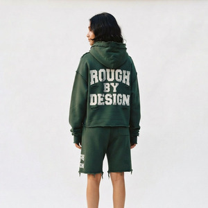 Women's Raw Edge Oversized Tracksuit Heavyweight 100% Cotton <b>Fleece</b> Printed Distressed <b>Hoodie</b> And Sweat Short Set Ladies - Product Image 3