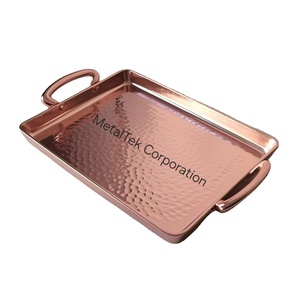 ถาดเสิร์ฟทรงสี่เหลี่ยมผืนผ้าสีโรสโกลด์ ทนทาน ดีไซน์ลายตอก หรูหรา เหมาะสำหรับโรงแรม ร้านอาหาร ของขวัญงานแต่งงาน ของตกแต่ง ถาดโลหะ - Product Image 1