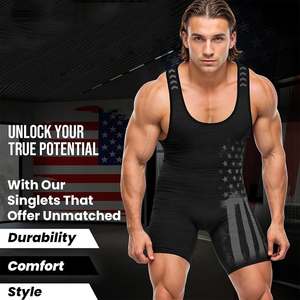 Combinaison de lutte noire pour homme, ajustée, en spandex et polyester, anti-humidité, imprimé drapeau américain, vêtements de sport de combat - Product Image 4