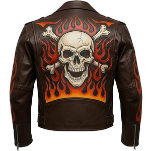 Mens Gothic Flame Skull Biker Jacket - Motorcycle <b>Fire</b> Graphic Heavy Metal Punk Rock Genuine Leather Jacket - Product Image 4