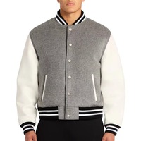 Veste universitaire en laine grise pour homme avec manches blanches, fermeture éclair en PU, logo sur le devant, respirante, style preppy, pour l'automne