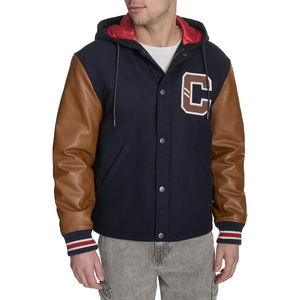 Chaqueta Varsity Azul Marino para Hombre con Mangas de Cuero Marrón, Cierre de Botones con Capucha, Letra C Bordada, Estilo Preppy de Invierno - Product Image 1
