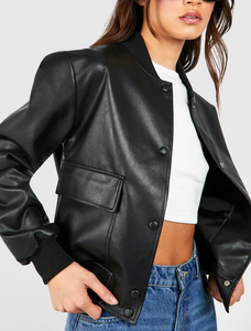Chaqueta de Cuero Sintético Negra Personalizada para Mujer, Estilo Holgado, Casual, Urbana, Tipo Bomber, con Cierre y Manga Larga - Product Image 6