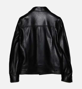 Chaqueta de cuero genuino negra para hombre, con cuello alto, estilo motociclista, informal, con cremallera, múltiples bolsillos, elegante, para invierno. - Product Image 5