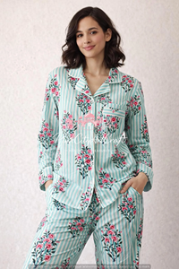 Women's Luxury Premium Pure Cotton Floral Printed Pajama Set <b>Long</b>-Sleeve Button-Down Collared Shirt <b>Matching</b> Summer Autumn - Product Image 2