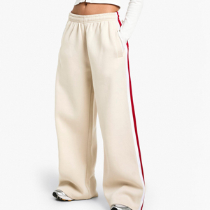 Women Cream Sweatpants With Red And <b>White</b> Side Stripe Elastic Waist Casual Autumn Knitted Pants - Product Image 1