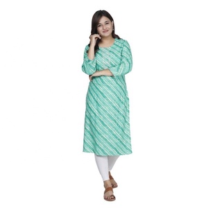 Indian Pakistani Clothing Loose Fit <b>Women</b> Embroidered Leheriya Rayon Vintage <b>Kurta</b> with Three Fourth Sleeves - Product Image 4