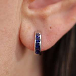Sapphire Princess Cut Hoop Earrings Channel Set Sapphire <b>Huggies</b> Womens Fine Jewelry Custom Gifts For Her - Product Image 4