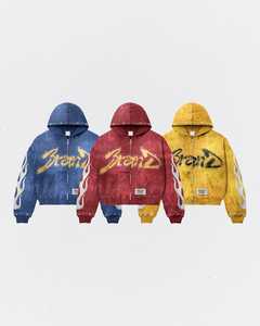 Sudadera con capucha para hombre, estilo streetwear personalizado, vintage, con cremallera, lavado ácido, oversize, de algodón 100% de alto gramaje, con estampado crop y bordado, forrada - Product Image 1
