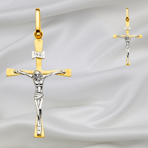 Colgante de crucifijo chapado en oro de 14 quilates de dos tonos de alta calidad, Diseño Artesanal clásico cristiano religioso para hombres y niños, Diamante hecho - Product Image 6