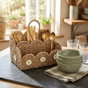 Scalloped Natural Seagrass <b>Storage</b> <b>Baskets</b> With Daisy Embellishments <b>Rectangular</b> Multi-Purpose Organizer Rustic Style - Product Image 6