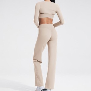 Pink 2 Piece Yoga Set V Neck <b>Crop</b> <b>Top</b> Full Length High Waist Leggings Seamless Breathable Spandex Polyester - Product Image 2