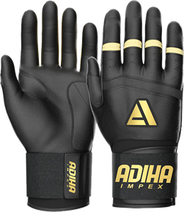 ถุงมือตีเบสบอลหนัง Adiha Impex สีดำและสีทอง ปิดด้วยแถบตีนตุ๊กแก สำหรับผู้ใหญ่ทุกเพศ ใช้สำหรับฝึกซ้อม พร้อมที่รัดข้อมือ เป็นมิตรกับสิ่งแวดล้อม - Product Image 1