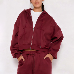 Premium Heavyweight <b>Burgundy</b> Tracksuit Women Oversized Zip <b>Hoodie</b> Wide Leg Sweatpants Set Streetwear Loungewear Manufacturer - Product Image 2