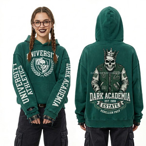 Sudadera con capucha para mujer, verde bosque, 500GSM, estilo universitario, con estampado de calavera y escudo, estilo preppy y rebelión, de tejido grueso, tipo jersey, para venta al por mayor - Product Image 1