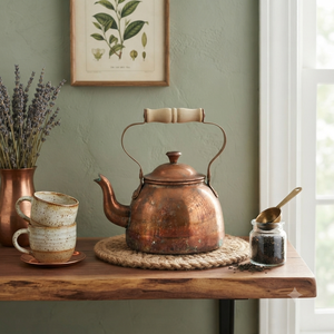 Bouilloire à thé en cuivre de style vintage antique avec patine naturelle et poignée en bois, chauffe-eau rétro pour cuisine, exportateur en gros - Product Image 2